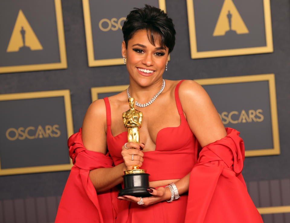 Actress Ariana DeBose poses with her Oscar for Best Supporting Actress for 'West Side Story' at the 94th Annual Academy Awards on March 27, 2022 in Hollywood, California. (Photo by David Livingston/Getty Images)