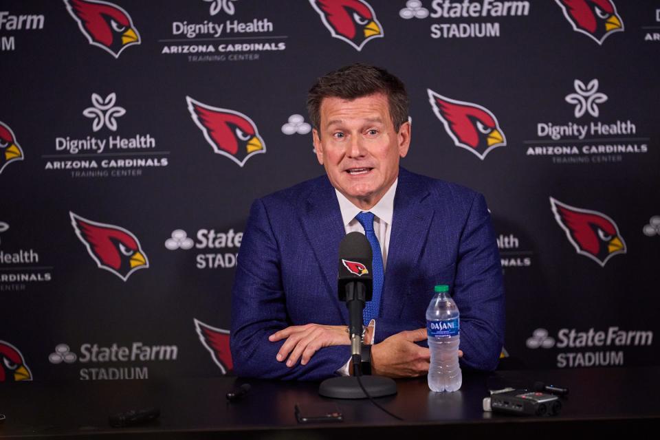 Arizona Cardinals owner Michael Bidwill addresses the media after the team announced Kliff Kingsbury was relieved of his duties as head coach and General Manager Steve Keim's decision to step down to focus on his health at the Arizona Cardinals Training Facility in Tempe on Monday, Jan. 9, 2023.