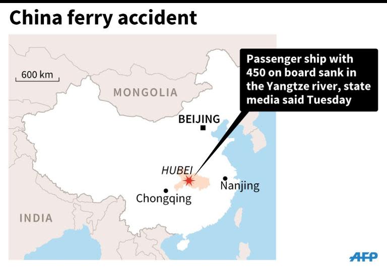 Map showing Hubei province in China where a passenger ship with 450 people on board sank in the Yangze river, according to state media