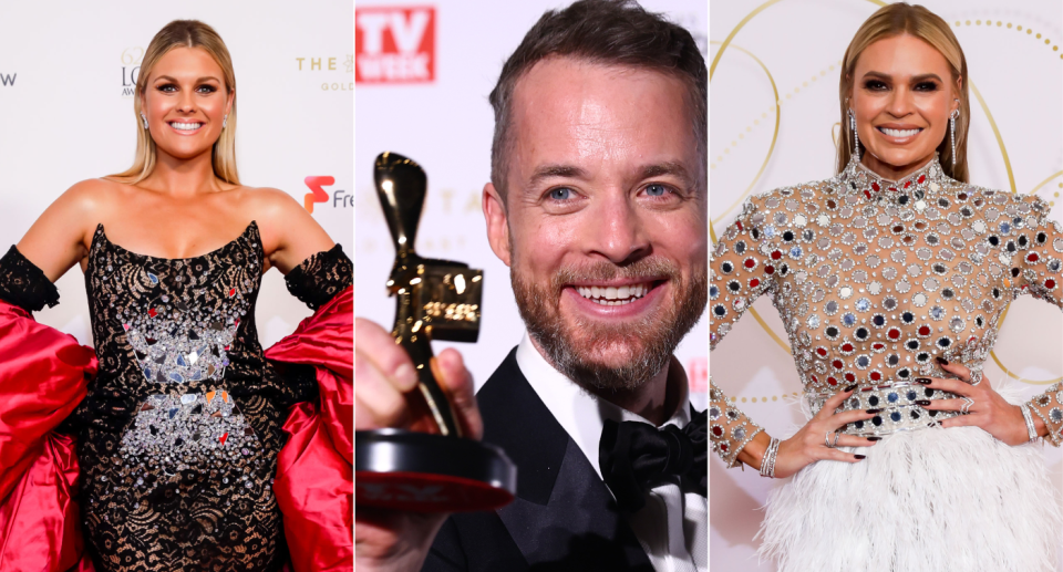 Left to right: Sophie Dillman, Hamish Blake and Sonia Kruger at the 2022 Logies