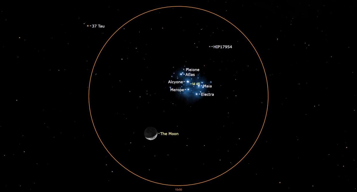  graphic illustration showing the crescent moon shining to the lower left of the Pleiades star cluster, the scene is encompassed by an orange circle. 