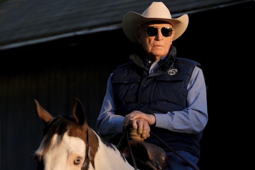 Trainer D. Wayne Lukas looks on as Preakness Stakes winner and Belmont Stakes entrant Seize The Grey cools down