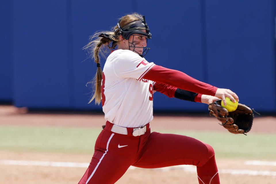 Oklahoma's Jordyn Bahl pitches against Stanford during the seventh inning of an NCAA softball Women's College World Series game Monday, June 5, 2023, in Oklahoma City. (AP Photo/Nate Billings)