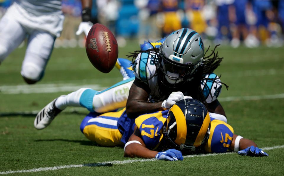 Cornerback Donte Jackson #26 of the Carolina Panthers defends wide receiver Robert Woods #17 of the Los Angeles Rams in the game at Bank of America Stadium on September 08, 2019 in Charlotte, North Carolina. (Photo by Streeter Lecka/Getty Images)