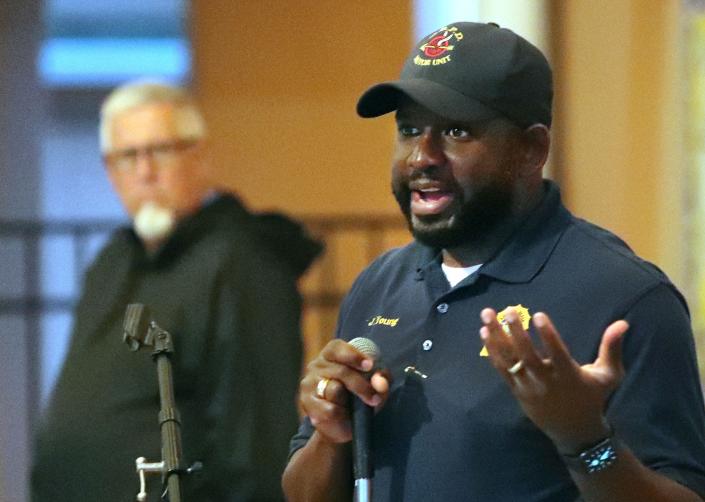 Daytona Beach Police Chief Jakari Young speaks to beachside residents Wednesday, March 9, 2022, during a meeting at Our Lady of Lourdes Catholic Church following the double homicide on North Wild Olive Avenue.