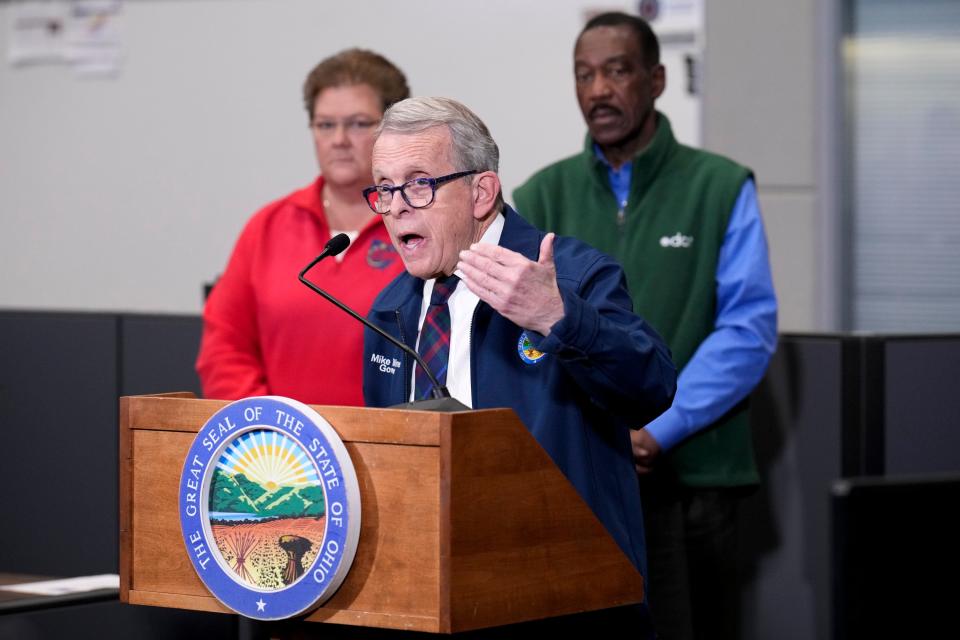 Dec 22, 2022; Columbus, Ohio, United States; Gov. Mike DeWine speaks during a press event regarding winter storm Elliott preparations on Thursday afternoon in the Emergency Operations Center of the Ohio Emergency Management Agency. Mandatory Credit: Joseph Scheller-The Columbus Dispatch