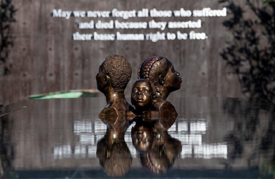 A memorial to unknown racial terror lynching victims at the EJI Legacy Pavilion in Montgomery, Ala., on January 17, 2020. The Pavilion, which houses the EJI ticket office, a gift shop, a restaurant, a coffee shop, civil rights displays and a shuttle stop for the Legacy Museum and the Peace and Justice Memorial opens on January 18, 2020.