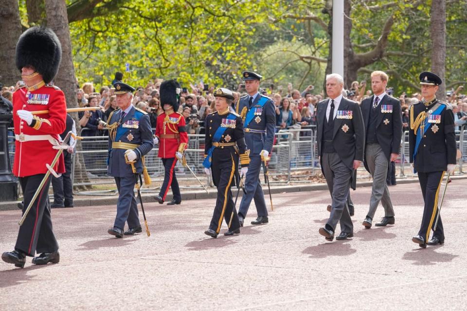 Prince Edward, from right, Prince Harry, Prince Andrew, Prince William, Princess Anne and King Charles III follow the coffin of Queen Elizabeth II (AP)