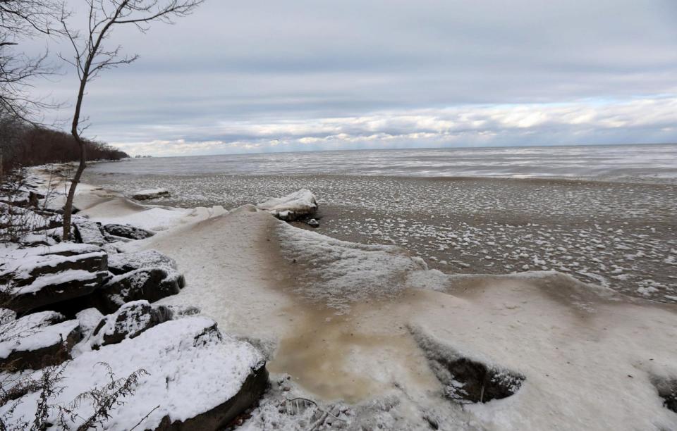 PHOTO: Frozen water coat the rocky shoreline at Hamlin Beach State Park in Hamlin, NY on Jan. 17, 2024. (Tina MacIntyre-Yee /Rochester Democrat and Chronicle/USAToday Network)