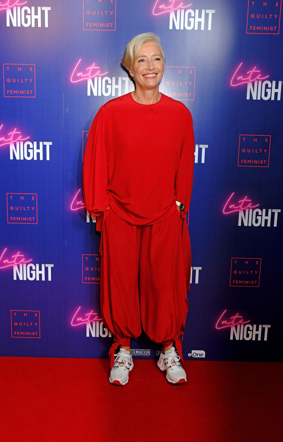 Proving she's down with the London street style set, actress Emma Thompson wore a slouchy co-ord with chunky 'dad' trainers to the starry premiere. [Photo: Getty]