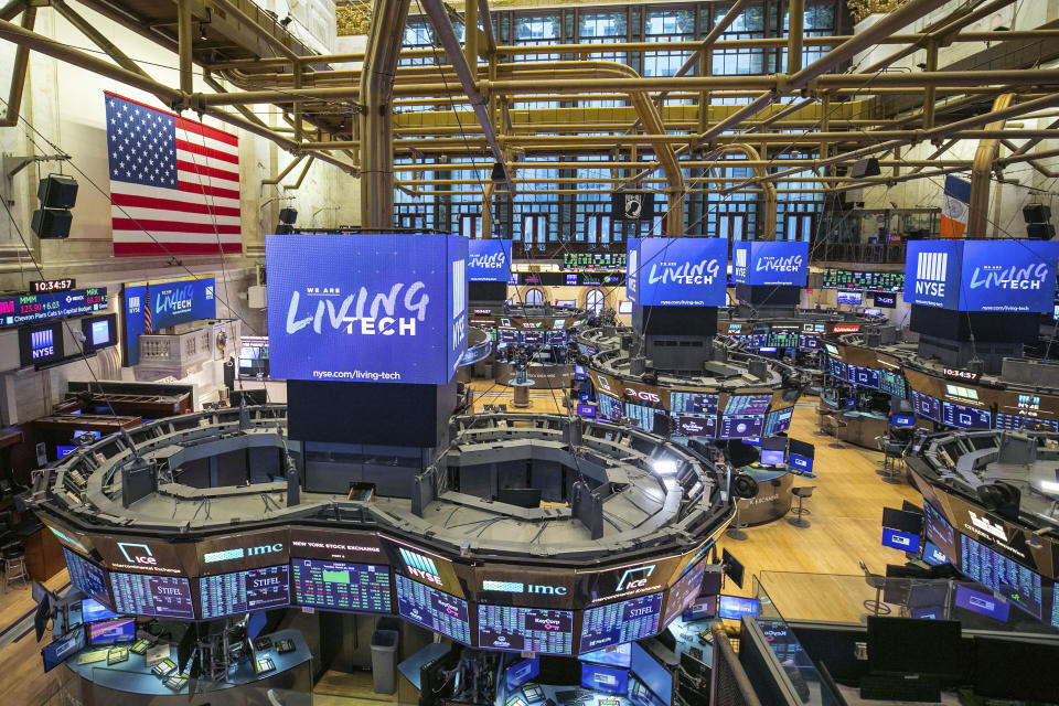 This photo provided by the New York Stock Exchange shows the unoccupied NYSE trading floor, closed temporarily for the first time in 228 years as a result of coronavirus concerns, Tuesday March 24, 2020. (Kearney Ferguson/NYSE via AP)