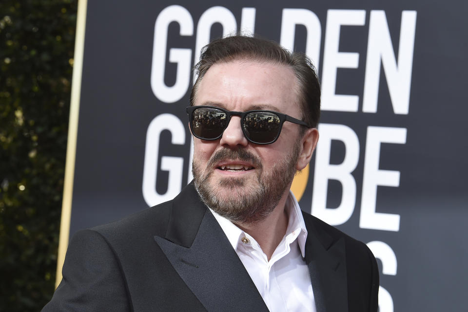 Ricky Gervais arrives at the 77th annual Golden Globe Awards at the Beverly Hilton Hotel on Sunday, Jan. 5, 2020, in Beverly Hills, Calif. (Photo by Jordan Strauss/Invision/AP)