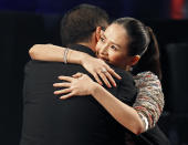 Chinese actress Zhang Ziyi, right, celebrates with Hong Kong director Wong Kar Wai after winning the Best Actress award for her role in the movie ' The Grandmaster ' at the at the 33rd Hong Kong Film Awards in Hong Kong, Sunday, April 13, 2014. (AP Photo/Vincent Yu)