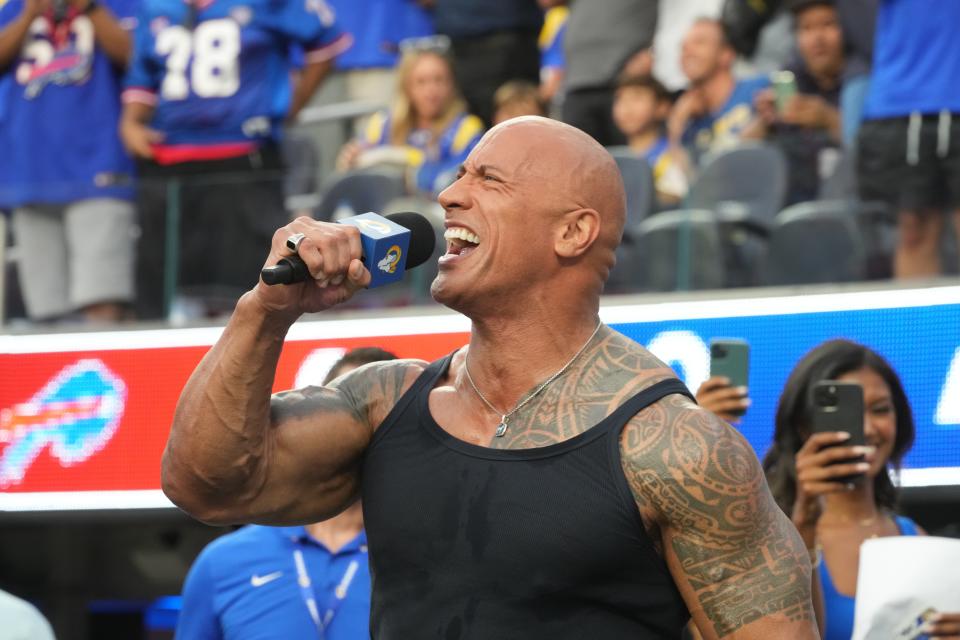 Actor Dwayne Johnson before the game between the Los Angeles Rams and the Buffalo Bills  at SoFi Stadium on Sept. 8, 2022.