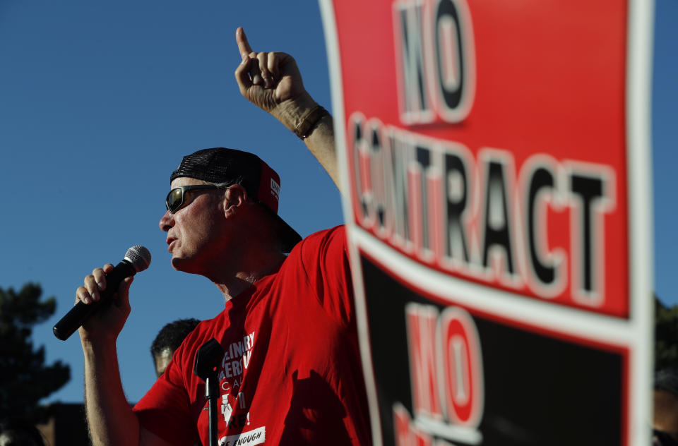 D. Taylor, president of Unite Here, speaks in front of the Palms casino-resort, Wednesday, June 26, 2019, in Las Vegas. Members of a powerful Las Vegas casino workers union and other hospitality workers picketed outside the Palms, which has refused to bargain with the union. (AP Photo/John Locher)