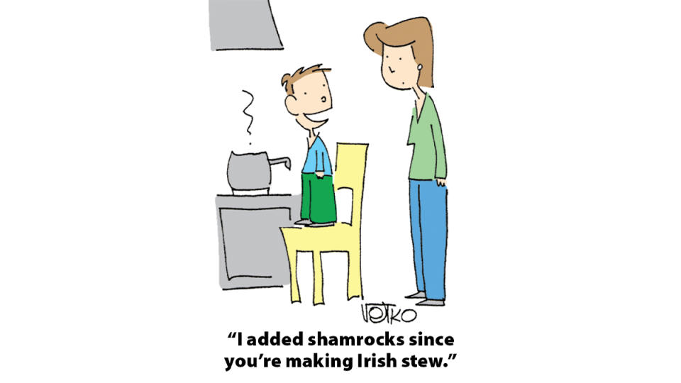 St. Patrick's Day Jokes: Cartoon of kid and mom cooking with kid saying, 