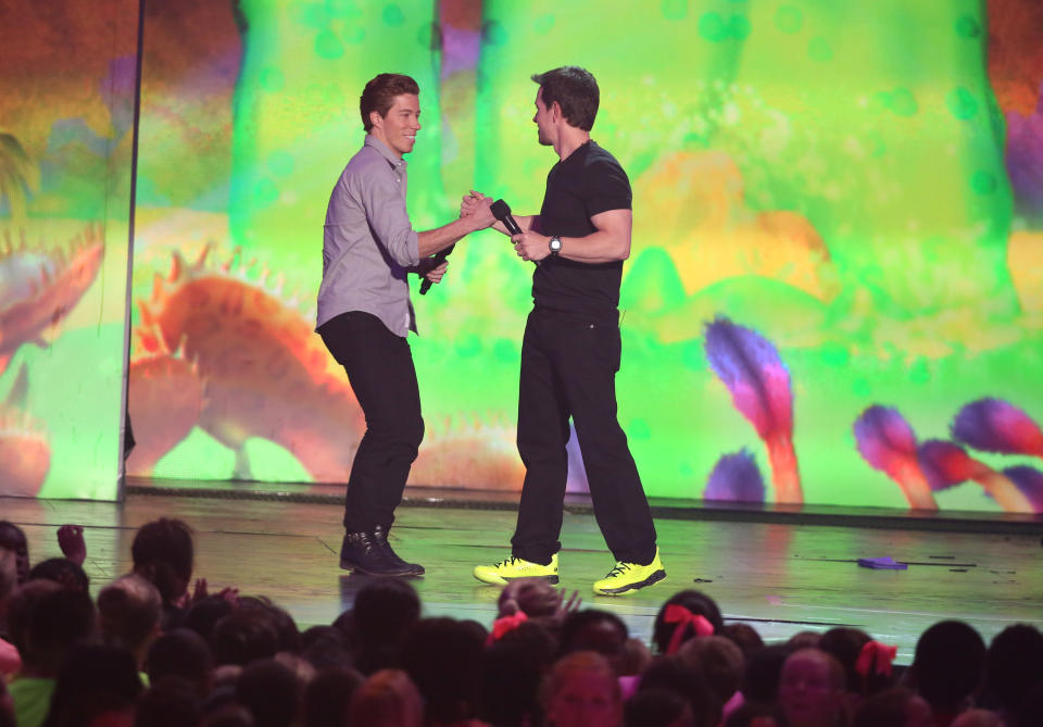 Shaun White, left, and Mark Wahlberg on stage at the 27th annual Kids' Choice Awards at the Galen Center on Saturday, March 29, 2014, in Los Angeles. (Photo by Matt Sayles/Invision/AP)