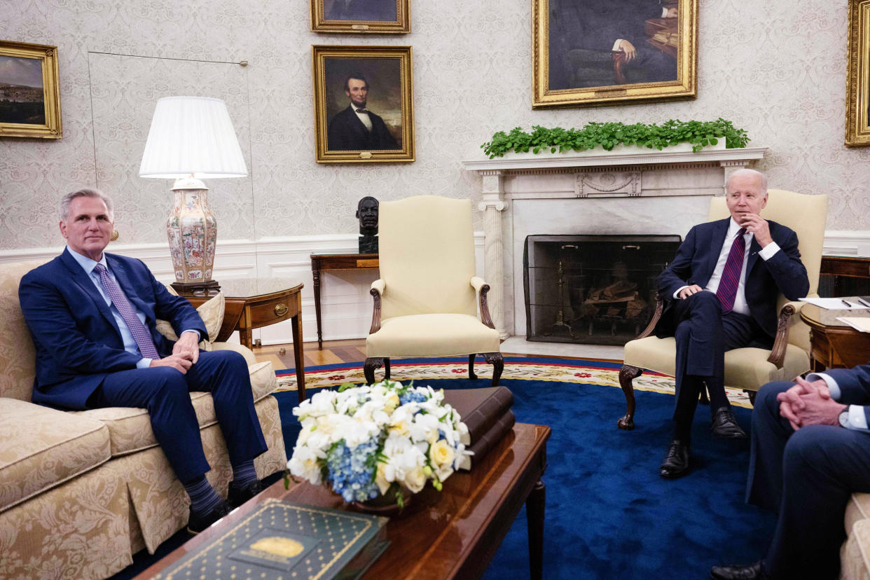 An empty chair next to President Joe Biden as he meets with House Kevin McCarthy in the Oval Office on May 9, 2023.  (Brendan Smialowski / AFP - Getty Images)