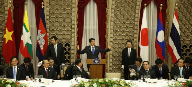 Japan's Prime Minister Shinzo Abe gives a speech for the "Mekong Five" leaders in his official residence in Tokyo on July 3, 2015