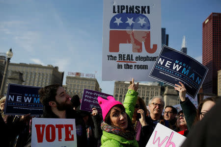 Illinois' 3rd Congressional District candidate for Congress, Marie Newman attends the Women's March in Chicago, Illinois, U.S., January 20, 2018. Picture taken January 20, 2018. REUTERS/Joshua Lott