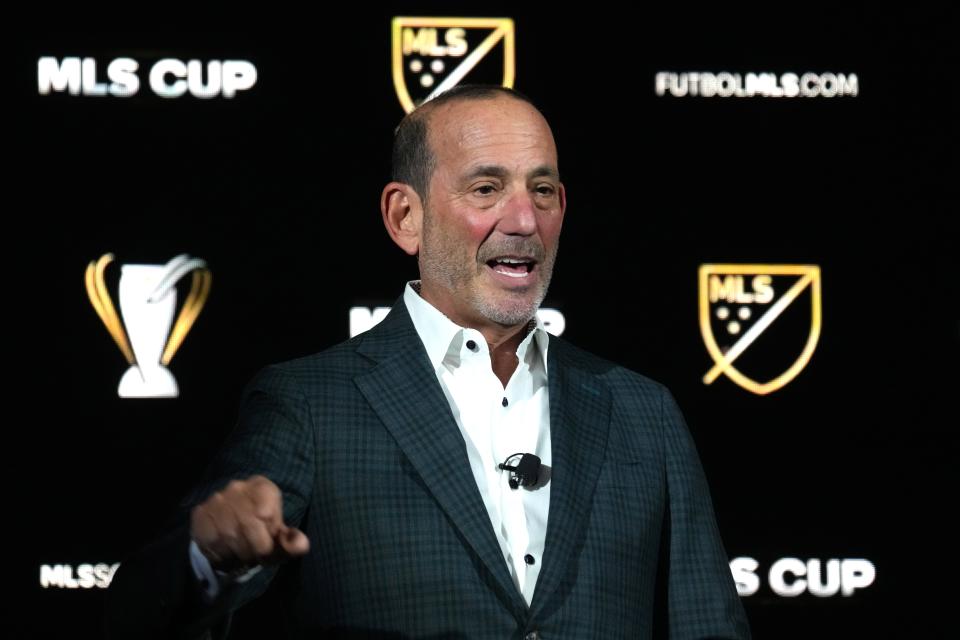 MLS Commissioner Don Garber speaks during MLS Cup Media Day at InterContinental Los Angeles Downtown.