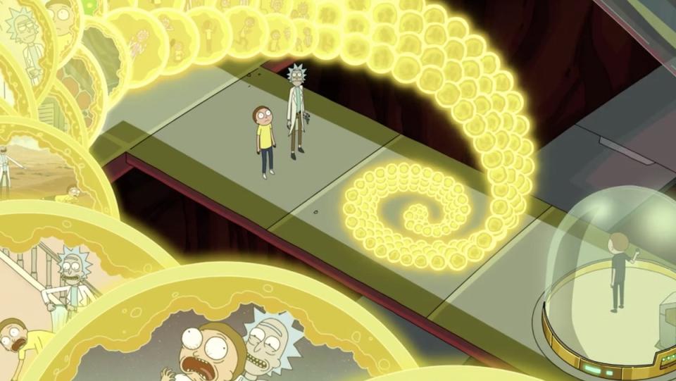 A swirl of yellow circles above Rick, Morty, and Evil Morty's heads, with different Rick and Mortys inside them.