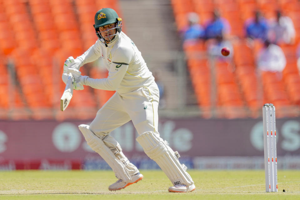 Australia's Usman Khawaja watches the ball after playing a shot during the second day of the fourth cricket test match between India and Australia in Ahmedabad, India, Friday, March 10, 2023. (AP Photo/Ajit Solanki)