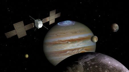 jupiter JUICE Crédit : 	spacecraft: ESA/ATG medialab; Jupiter: NASA/ESA/J. Nichols (University of Leicester); Ganymede: NASA/JPL; Io: NASA/JPL/University of Arizona; Callisto and Europa: NASA/JPL/DLR 