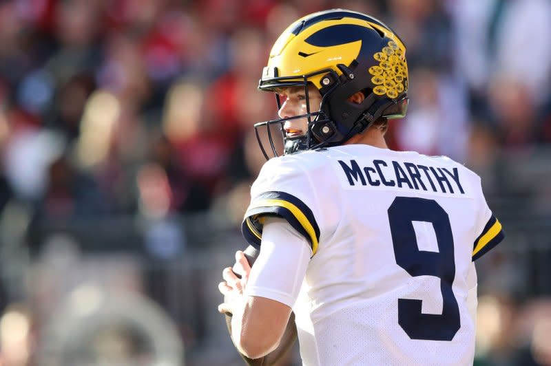 Quarterback J.J. McCarthy and No. 1 Michigan will face No. 4 Alabama on Jan. 1 in the Rose Bowl. File Photo by Aaron Josefczyk/UPI