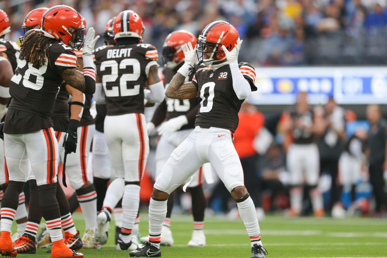 Dec 3, 2023; Inglewood, California, USA; Cleveland Browns center back Greg Newsome II (0) celebrates in the first half in a game against the Los Angeles Rams at SoFi Stadium. Mandatory Credit: Yannick Peterhans-USA TODAY Sports