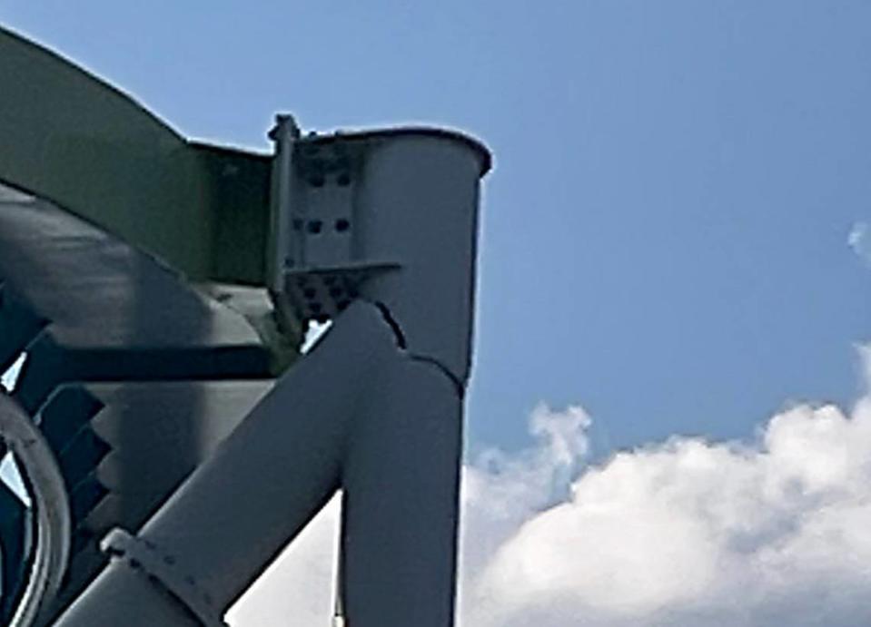 The initial damage to the Fury 325 pillar was first spotted by a Carowinds visitor June 30. Photo courtesy of Jeremy Wagner