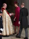 <p>Kate Middleton wore <a href="https://www.townandcountrymag.com/society/tradition/a23455715/kate-middleton-princess-eugenie-royal-wedding-outfit/" rel="nofollow noopener" target="_blank" data-ylk="slk:a stunning pink dress;elm:context_link;itc:0;sec:content-canvas" class="link ">a stunning pink dress</a> by Alexander McQueen while attending Princess Eugenie and Jack Brooksbank’s wedding. She accessorized the look with a hat by Philip Treacy. </p>