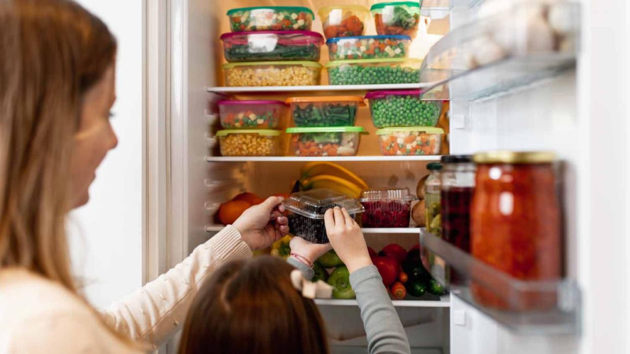 Mother and daughter putting containers with frozen mixed vegetables