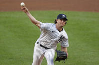 New York Yankees starting pitcher Gerrit Cole throws during the first inning of the team's baseball game against the Tampa Bay Rays, Wednesday, Aug. 19, 2020, in New York. (AP Photo/Kathy Willens)