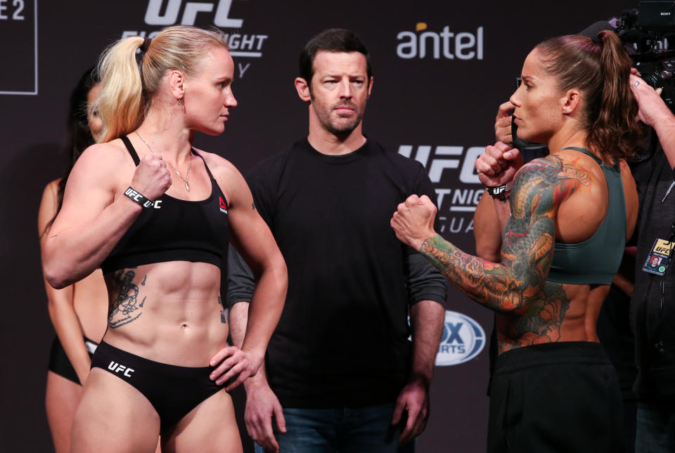 MONTEVIDEO, URUGUAY - AUGUST 09: (L-R) Valentina Shevchenko and Liz Carmouche face off during the UFC Fight Night official weigh-in at Antel Arena on August 9, 2019 in Montevideo, Uruguay. (Photo by Alexandre Schneider /Zuffa LLC/Zuffa LLC)