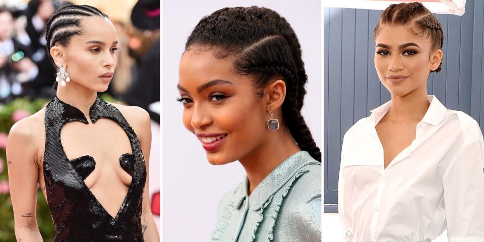 <p class="body-dropcap">Cornrows are one of the most versatile ways to style and protect curly and coarse hair. You'll often see these gorgeous braids done in straight lines from the hairline, but they can also be weaved in intricate styles and fun designs. "Cornrows are a great option as a protective style," says celebrity hairstylist <a href="https://www.instagram.com/sosheargenius/" rel="nofollow noopener" target="_blank" data-ylk="slk:Annagjid "Kee" Taylor;elm:context_link;itc:0;sec:content-canvas" class="link ">Annagjid "Kee" Taylor</a>. "Protective styles give our hair a break from environmental stressors and damage from styling."</p><p>Ahead, Taylor breaks down how to achieve different cornrow hairstyles and exactly how to take care of them. Scroll through to read her tips and to find 20 of our favorite celebs and influencers rocking our favorite cornrow styles. </p>