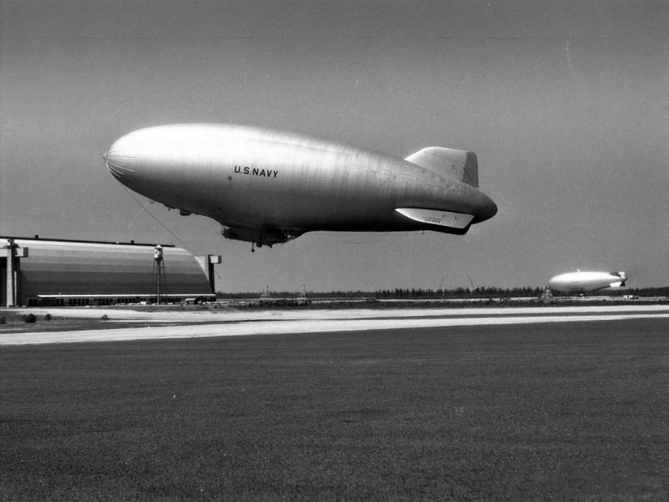 SK type airship taking off from Naval Air Station Lakehurst, circa 1956. Naval History and Heritage Command photograph, USN 710175.