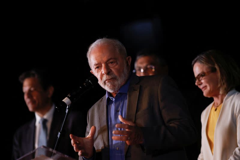 Brazil's President-elect Luiz Inacio Lula da Silva speaks during a news conference at the transition government building in Brasilia