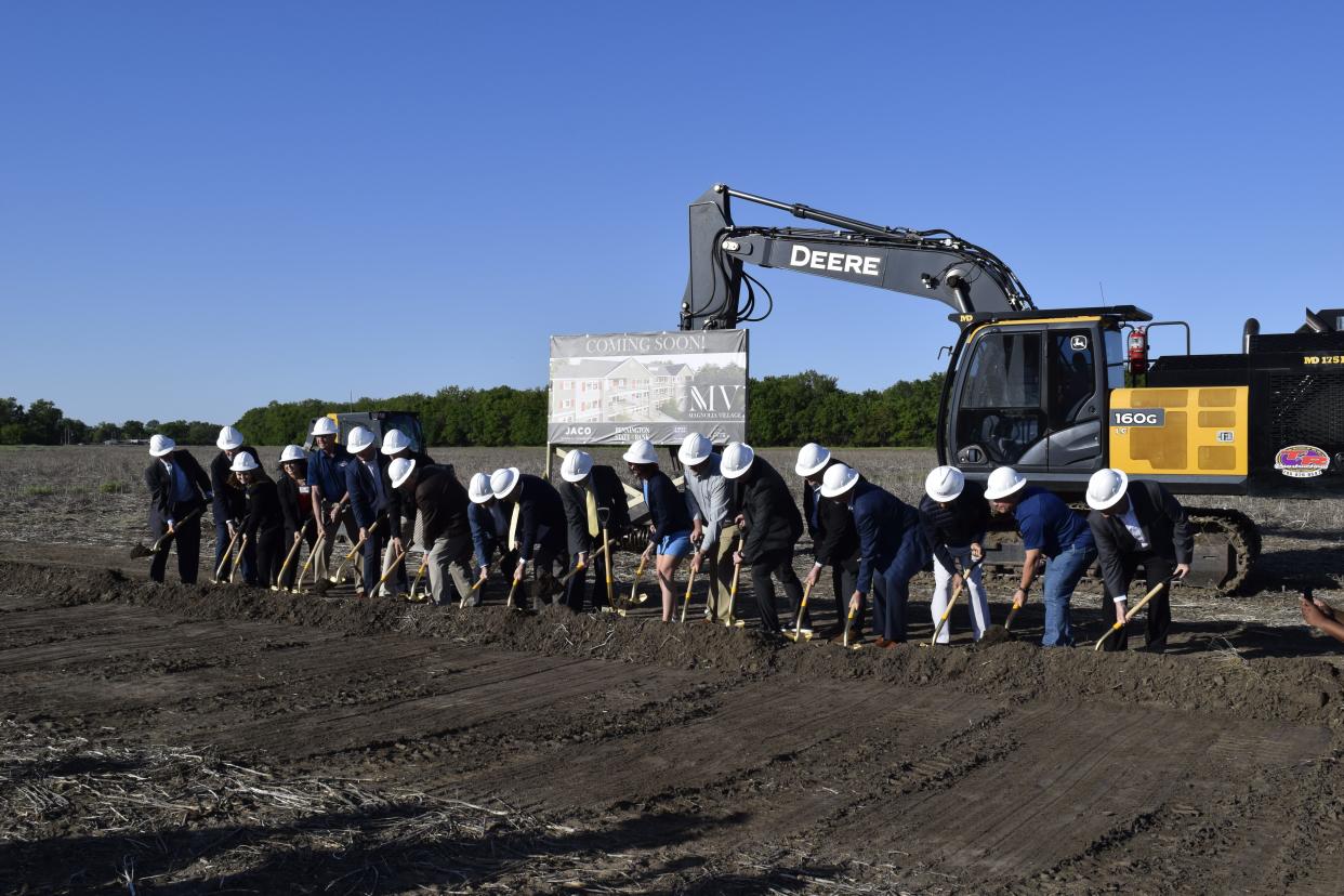 Representatives from the city of Salina, Salina Destination Development and more break ground on Phase 1 of a multifamily housing project. This phase will see 254 apartment units built near the intersection of Magnolia Road and Interstate 135.