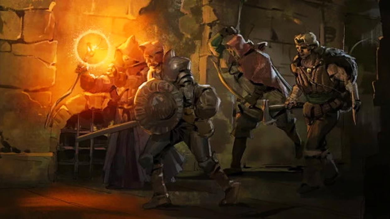  Four adventurers journey into a dim dungeon  