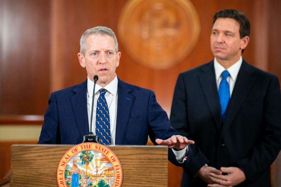 House Speaker Paul Renner answers a question during a press conference at the Florida Capitol.