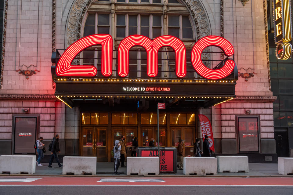 NEW YORK, NEW YORK - MARCH 09: People walk outside the AMC Empire 25 movie theater in Times Square amid the coronavirus pandemic on March 09, 2021 in New York City. It has been one year since COVID-19 was first reported in New York City. After undergoing various shutdown orders for the past 12 months, the city is currently in phase 4 of it's reopening plan, allowing for the reopening of low-risk outdoor activities, movie and television productions, indoor dining as well as the opening of movie theaters, all with capacity restrictions. (Photo by Noam Galai/Getty Images)