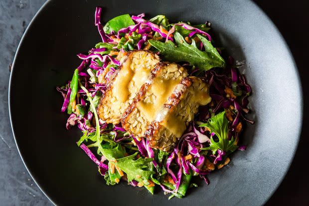 Snow Pea, Cabbage, and Mizuna Salad with Marinated and Seared Tempeh