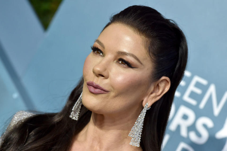 Catherine Zeta Jones is also a fan of a dramatic eyeliner, pictured in January, 2020. (Getty Images)