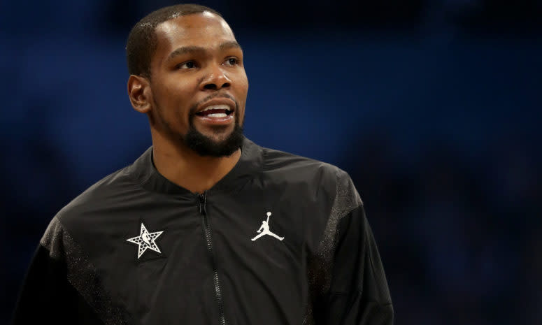 A closeup of Kevin Durant during warmups for the NBA All-Star game.