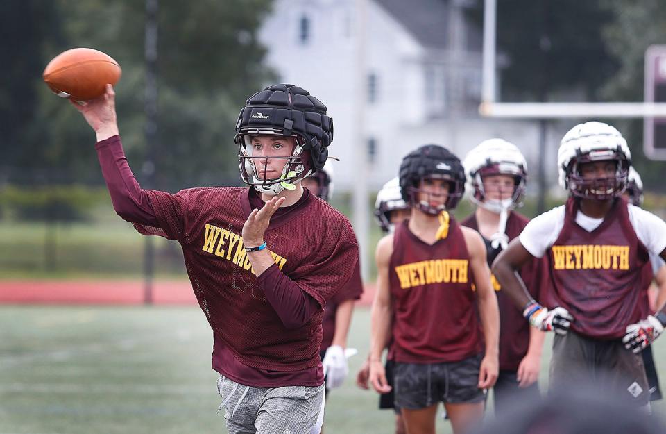 Weymouth quarterback Tyler Nordstrom throws a pass on Monday, Aug. 21, 2023.