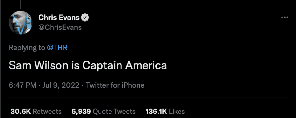 Chris Evans makes Captain America clarification on Twitter (Twitter)