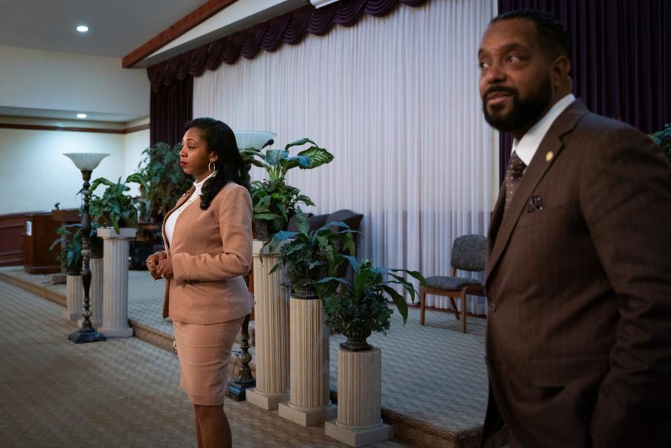 Financial director Arnessa Pye, left, stands beside her husband Ozie Pye IV, executive director and owner, inside the chapel at O.H. Pye, III Funeral Home in Detroit, Tuesday, Jan. 31, 2023. 