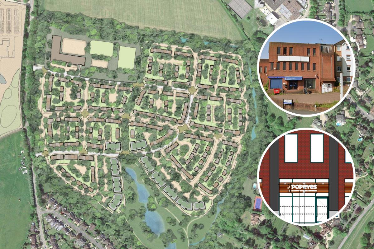 Masterplan for the Chorleywood scheme/ Popeyes design for the shopfront, Lower High Street offices. <i>(Image: Watford Council/Three Rivers Council planning portals/ Savills, Popeyes/Google Street View)</i>