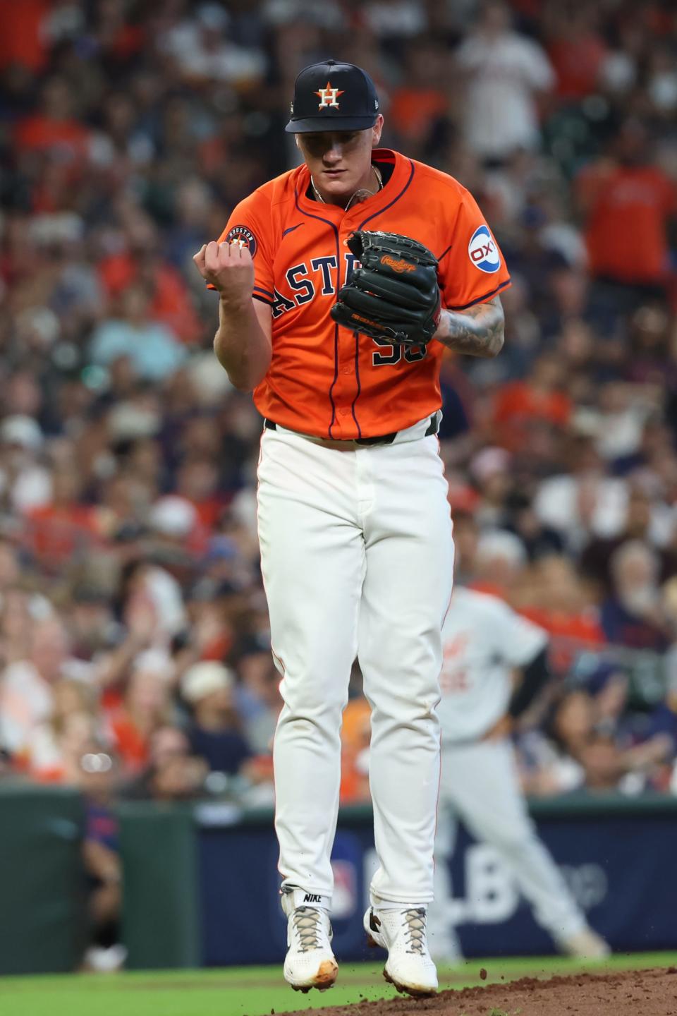 Houston Astros pitcher Hunter Brown (58) reacts after pitching out of the third inning in Game 2 at Minute Maid Park in Houston on Wednesday, Oct. 2, 2024.